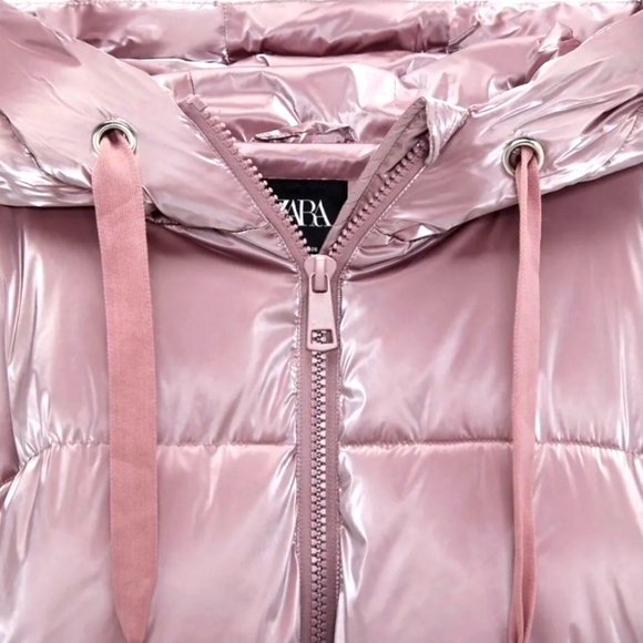 Zara pink metallic shine hooded Puffer jacket Size US S - Picture 2 of 8